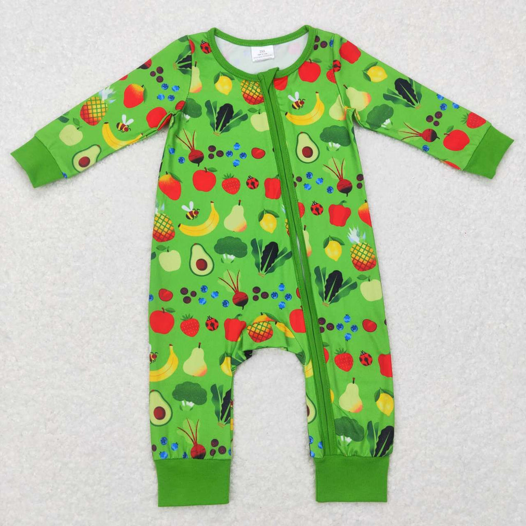 LR0781 Green Apple Zipper Baby Girl's Romper