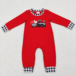 LR0783 Embroidery Red Truck Button Baby Girl's Romper