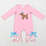 LR0789 Embroidery Dog Love Flower Pink Baby Romper Girl