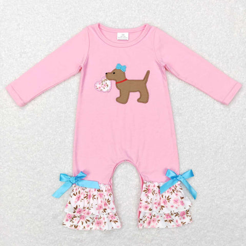 LR0789 Embroidery Dog Love Flower Pink Baby Romper Girl