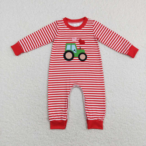 LR0846 Embroidery Valentine's Day Truck Love Red Stripe Baby Boy Romper