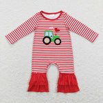 LR0847 Embroidery Valentine's Day Truck Love Red Stripe Baby Girl Romper