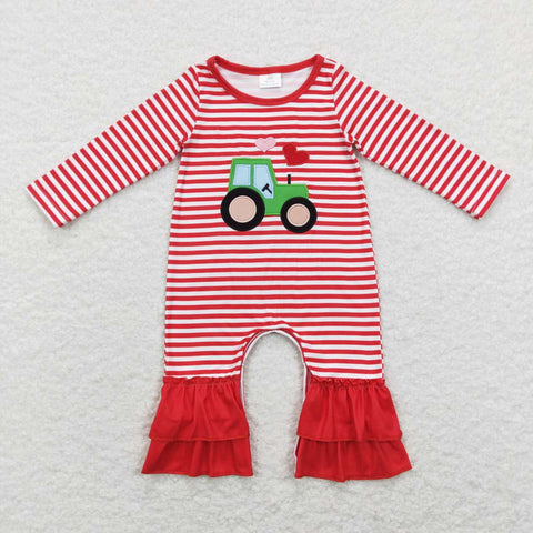 LR0847 Embroidery Valentine's Day Truck Love Red Stripe Baby Girl Romper