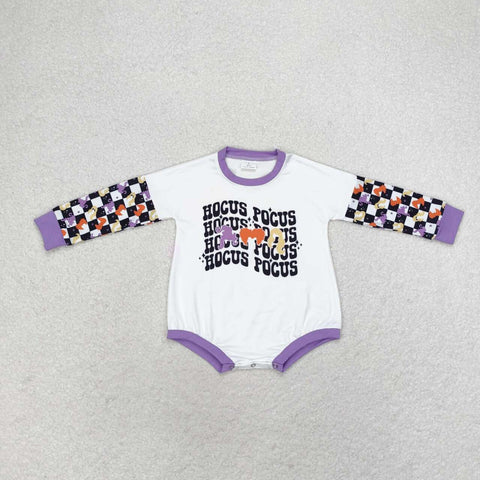 LR0939 Halloween Purple Plaid Baby Girls Bubble Romper