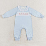 LR0941 Embroidery Tie Bow Sky Blue Stripe Baby Girls Romper