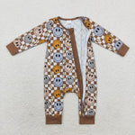 LR0961 Bamboo Smiley face Plaid Brown Baby Zip Romper Sleepers Boy