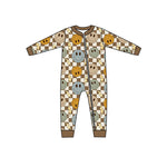 LR0961 Bamboo Smiley face Plaid Brown Baby Zip Romper Sleepers Boy