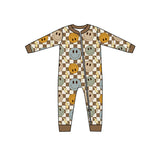 LR0961 Bamboo Smiley face Plaid Brown Baby Zip Romper Sleepers Boy