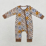 LR0961 Bamboo Smiley face Plaid Brown Baby Zip Romper Sleepers Boy