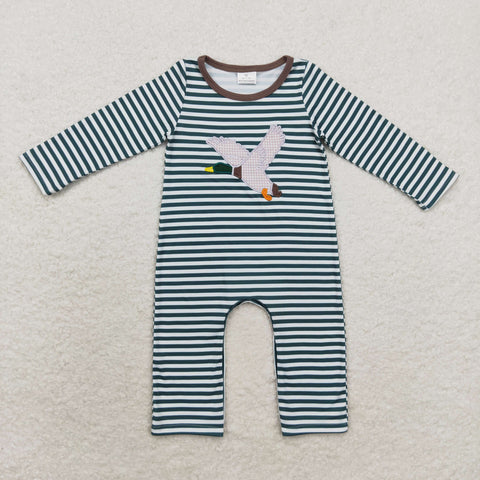 LR0963 Embroidery Mallard Brown Stripe Baby Boys Bubble Romper