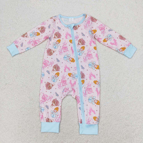 LR0990 Bamboo Cartoon Princess Castle Blue Baby Zip Romper Sleepers