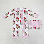 LR1001 Bamboo Christmas Cartoon Pink Baby Zip Romper Sleepers