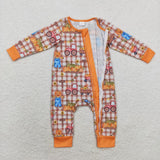 LR1046 Bamboo Scarecrow Pumpkin Car Orange Baby Zip Romper Sleepers