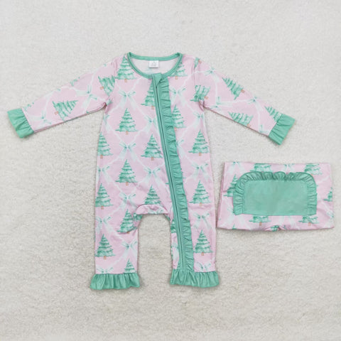 LR1073 Bamboo Christmas Trees Green Pink Baby Zip Romper Sleepers