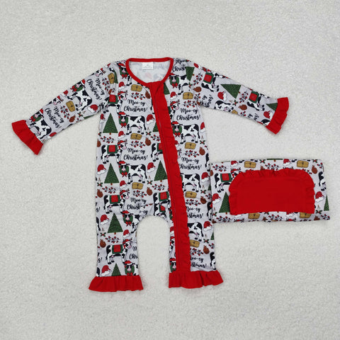 LR1074 Merry Christmas Cow Baby Zip Romper Sleepers