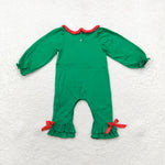 LR1119 Embroidery Smocked Christmas Trees Green Baby Girl Romper