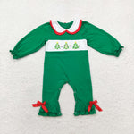 LR1119 Embroidery Smocked Christmas Trees Green Baby Girl Romper