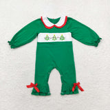 LR1119 Embroidery Smocked Christmas Trees Green Baby Girl Romper
