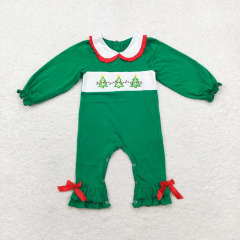 LR1119 Embroidery Smocked Christmas Trees Green Baby Girl Romper
