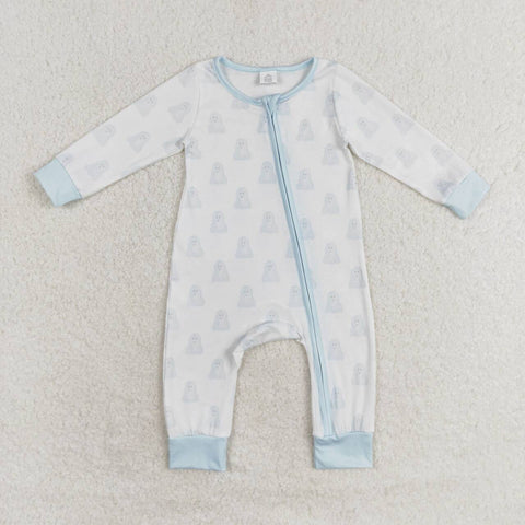 LR1125 Bamboo Halloween Ghost Sky Blue Baby Zip Romper Sleepers Boy