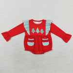 LR1161 Christmas Trees Green Blue Baby Girls Romper