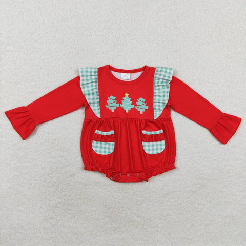 LR1161 Christmas Trees Green Blue Baby Girls Romper