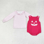 LR1171 Embroidery Halloween Pumpkin Pink With Shirt 2 pcs Baby Girl Romper Set