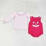 LR1171 Embroidery Halloween Pumpkin Pink With Shirt 2 pcs Baby Girl Romper Set