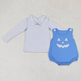 LR1172 Embroidery Halloween Pumpkin Blue With Shirt 2 pcs Baby Boy Romper Set