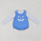 LR1172 Embroidery Halloween Pumpkin Blue With Shirt 2 pcs Baby Boy Romper Set