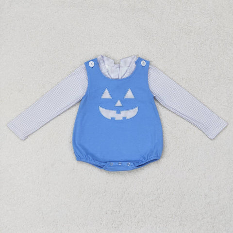 LR1172 Embroidery Halloween Pumpkin Blue With Shirt 2 pcs Baby Boy Romper Set