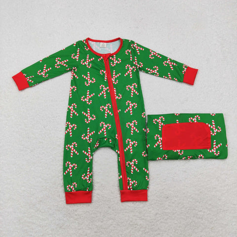 LR1237 Bamboo Christmas Candy Cane Green Baby Zip Romper Sleepers