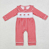 LR1263 Embroidery Christmas Santa Red Plaid Baby Boy Romper