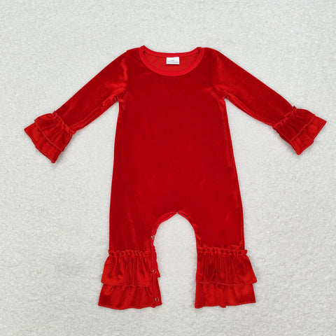 LR1286 Christmas Red Velvet Ruffles Baby Girl Romper