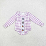 LR1299 Embroidery Halloween Ghost Purple Plaid Baby Girl Bubble Romper