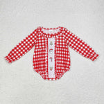 LR1302 Embroidery Christmas Santa Red Plaid Baby Girl Bubble Romper