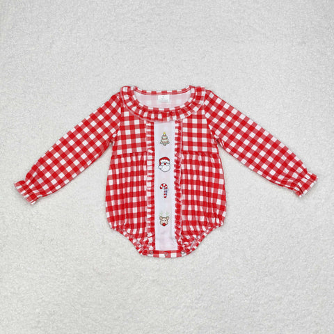 LR1302 Embroidery Christmas Santa Red Plaid Baby Girl Bubble Romper