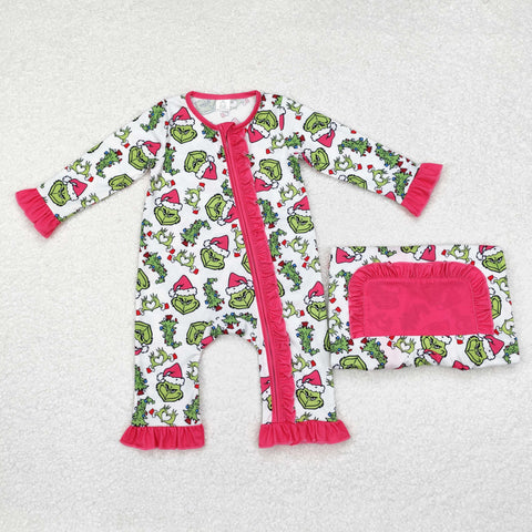 LR1337 Bamboo Christmas Green Animal Trees Baby Zip Romper Sleepers