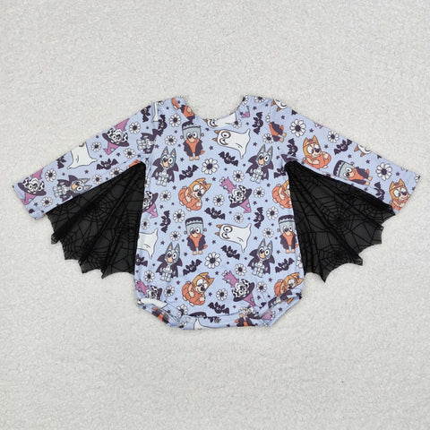 LR1341 Halloween Cartoon Blue Dog Bat Baby Girl Romper