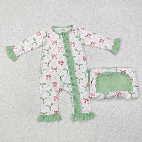 LR1344 Bamboo Christmas Coquette Bows Green Baby Zip Romper Sleepers