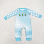 LR1366 Embroidery Christmas Trees Blue Plaid Baby Boy Romper