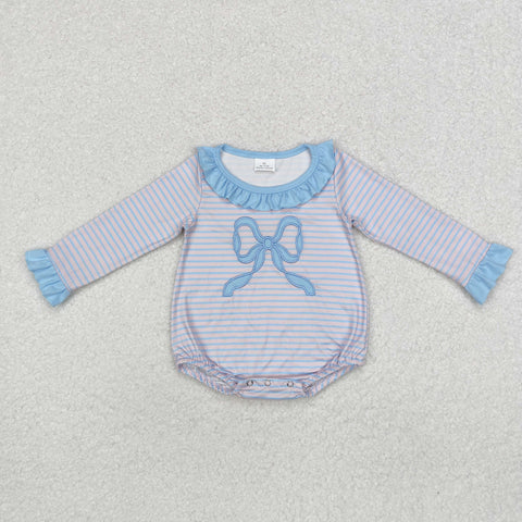 LR1379 Embroidery Coquette Bows Pink Stripe Baby Girl Bubble Romper