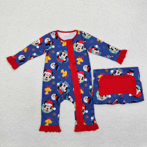 LR1416 Christmas Cartoon Mouse Blue Baby Zip Romper Sleepers