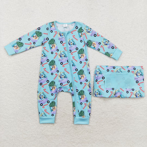 LR1431 Bamboo Christmas Cartoon Blue Dog Baby Zip Romper Sleepers