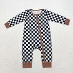 LR1436 Bamboo Plaid Brown Baby Zip Romper Sleepers