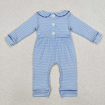 LR1447 Embroidery Dog Blue Stripe Baby Boy Romper