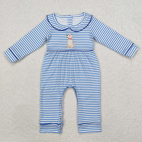 LR1447 Embroidery Dog Blue Stripe Baby Boy Romper