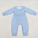 LR1448 Embroidery Dog Blue Stripe Baby Girl Romper