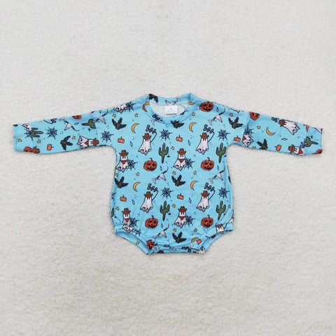 LR1449 Halloween Pumpkin Cactus Blue Baby Girl Bubble Romper