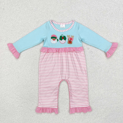 LR1476 Embroidery Christmas Santa Pink Baby Girl Romper